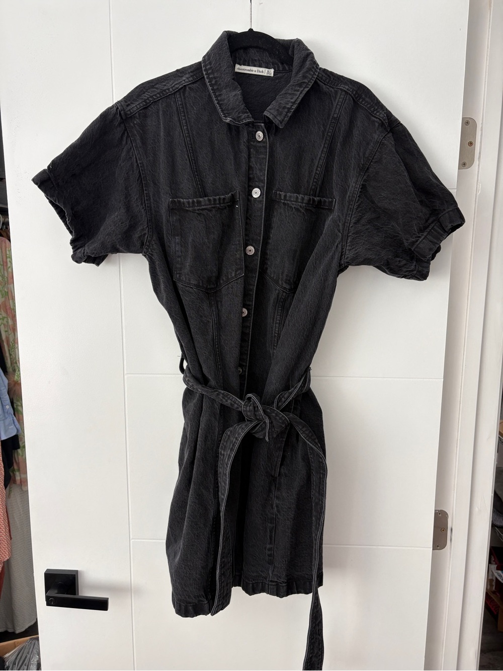 Abercrombie & Fitch Black Denim Button-Front Belted Shirt Dress Utility Mini XL